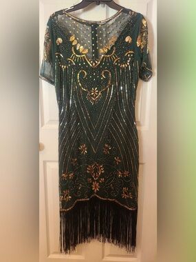 6 piece Gold and Green flapper beaded fringe dress with accessories
